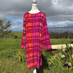 Vintage 80s SILK Pat Argenti pink Plaid Colorfull Long Sleeve Seath Retro Dress